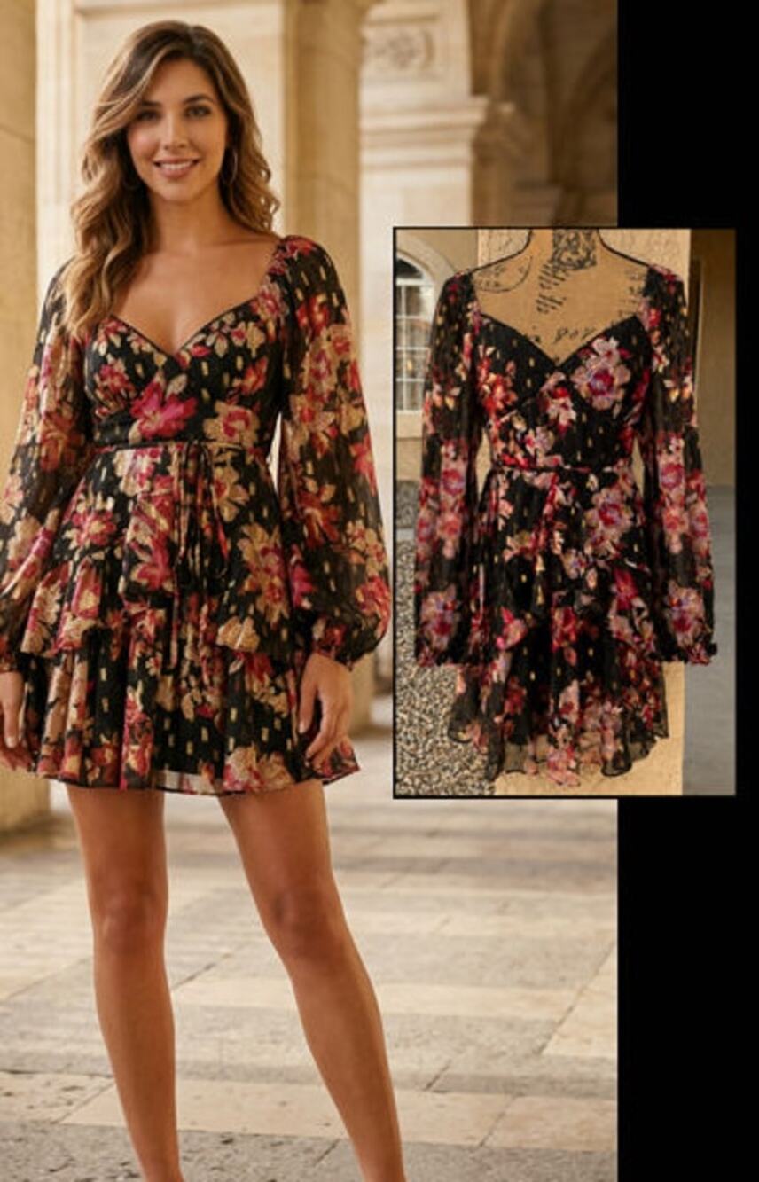 Lulus Dramatically Dreamy Black Floral Chiffon Tiered Mini Dress Size S